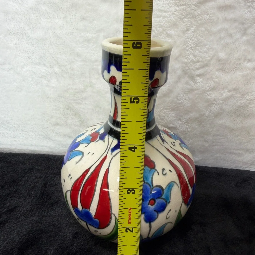 2 Hand Painted Turkish Iznik Style Ceramic Bud Vases Set Floral Red Blue‎ Yellow